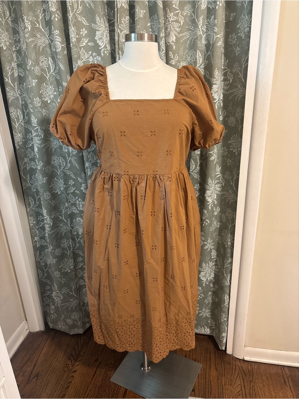 Time and Tru Tan Eyelet Square Neck Puff Sleeve Midi Dress